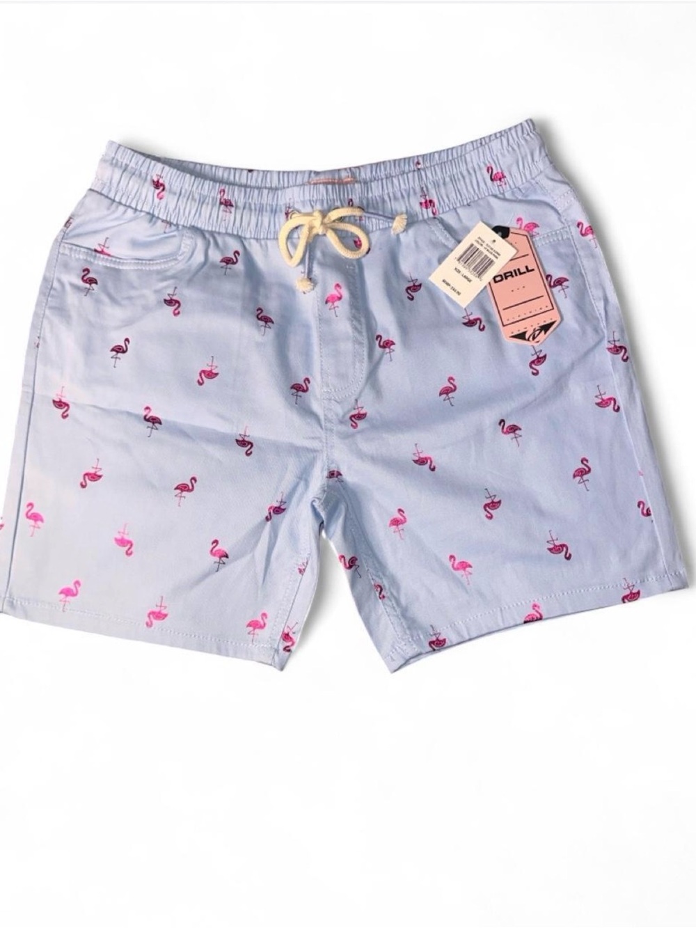 NWT Drill NYC light blue shorts with shiny pink flamingo graphics. Size Large